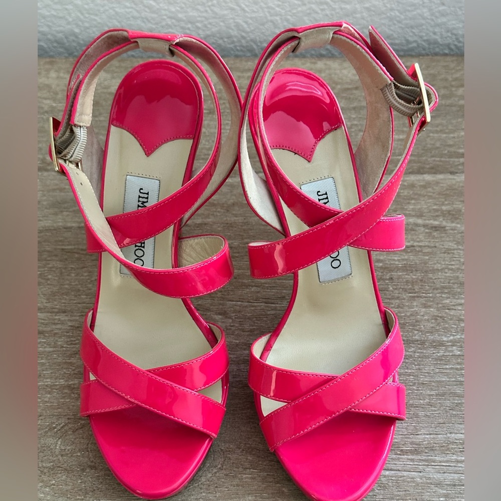 Jimmy Choo patent leather platform sandals, fuchsia, EU 37.5, pre owned